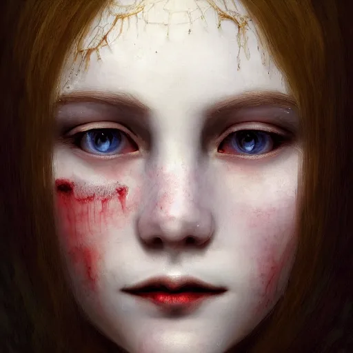 Image similar to portrait of young vampire princess, head only, realistic eyes, headshot, white hair, pale skin, 4k, rule of thirds, extreme detail, intricate illustration, trending artstation, cgsociety, hd, fantasy, realistic lighting, by Albert Bierstadt, Frederic Edwin Church.