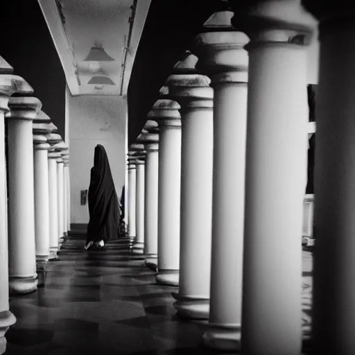 Image similar to nightmare vision, depth of field. black and white, award winning photo of smiling levitating twin nuns, wearing translucent sheet, Mary in a sanctuary, mirror hallways, eerie, tall columns, faces emerging from columns, frightening, highly detailed 8k —width 1024 —height 1024