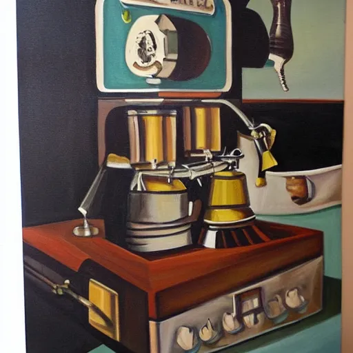 Image similar to a painting of demon espresso machine that makes coffee from human souls