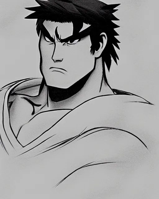 Image similar to ryu from street fighter, sketch by glen keane and jin kim, black and white illustration, concept art, disney