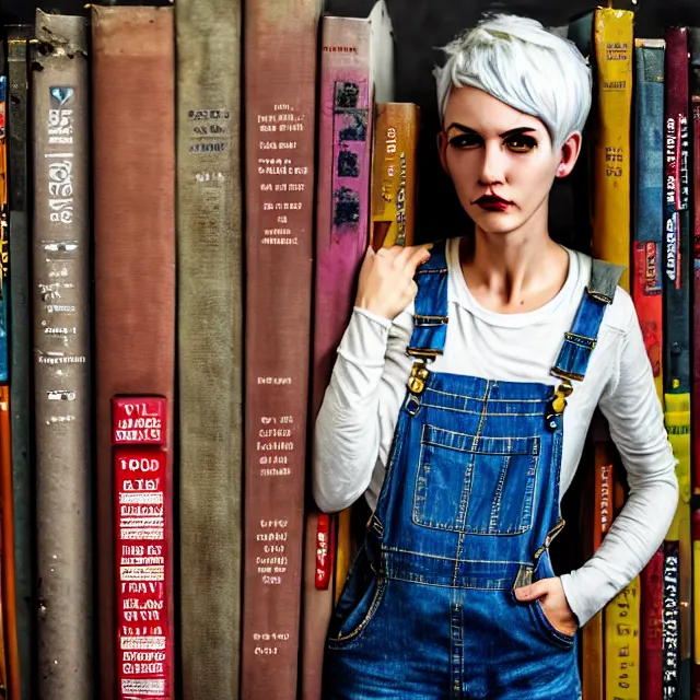 Image similar to full body pose, beautiful adult woman, short white hair shaved sides, dirty, grungy, grunge, long sleeve, painted overalls, stacks of giant books, highly detailed, 4 k, hdr, smooth, sharp focus, high resolution, award - winning photo, artgerm, photorealistic