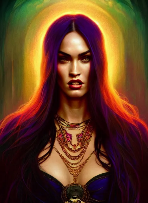 Prompt: psychedelic portrait of megan fox as a vampire lord, jewelry, greek, ruby, intricate, headshot, highly detailed, digital painting, artstation, concept art, sharp focus, cinematic lighting, illustration, art by artgerm and greg rutkowski, alphonse mucha, cgsociety