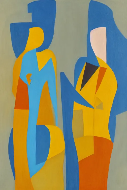 Image similar to neo cubistic painting of two tall figures, sandy yellow and some light blue, muted colors