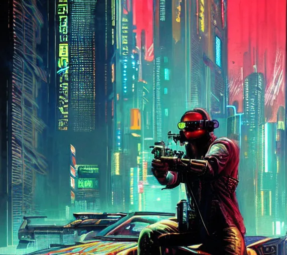 Prompt: a portrait of a cyberpunk epic Friday night firefight, Night City, cyberpunk 2077, very very coherent painting, 1979 OMNI Magazine Cover, street level neo-Tokyo in Cyberpunk 2045 style by Vincent Di Fate by mark arian by artgerm in the style of Gustavo Dore, 4k, 8k, HD, trending on artstation