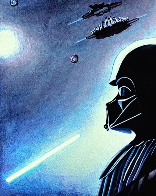 Image similar to acrylic painting portrait of darth vader in a star destroyer looking into outer space, view from behind, high production value, intricate details, high resolution, hdr, high definition, masterpiece, realistic, ultrarealistic, highly detailed, hd, sharp focus, non blurry, sharp, smooth