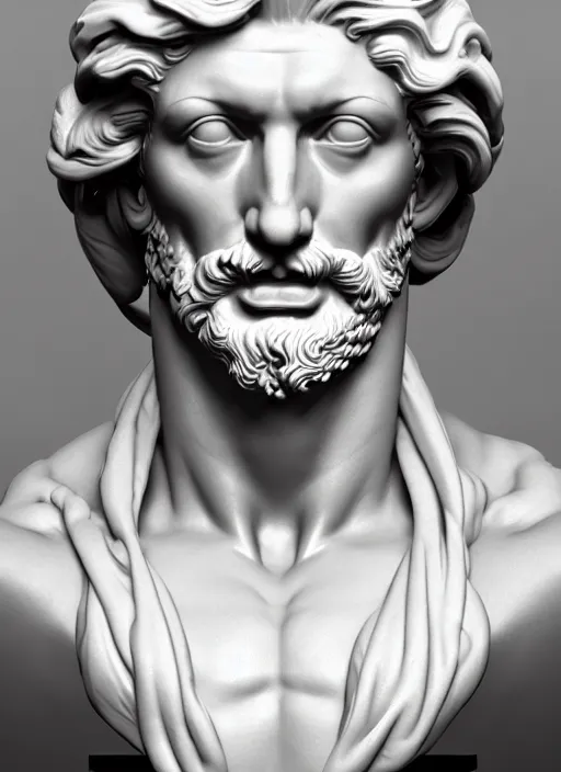 Prompt: stylized carrara marble ornate statue bust made of marble of hercules, perfect symmetrical body, perfect symmetrical face, hyper realistic, hyper detailed, by johannen voss, by michelangelo, octane render, blender, 8 k, displayed in pure white studio room