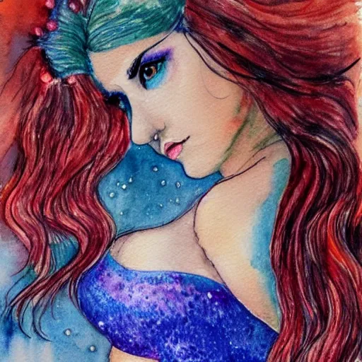 Image similar to detailed portrait of a beautiful mermaid, with long hair watercolor,