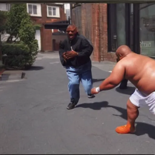 Prompt: mike tyson chasing an obese man through a street, hyper realistic, very realistic.