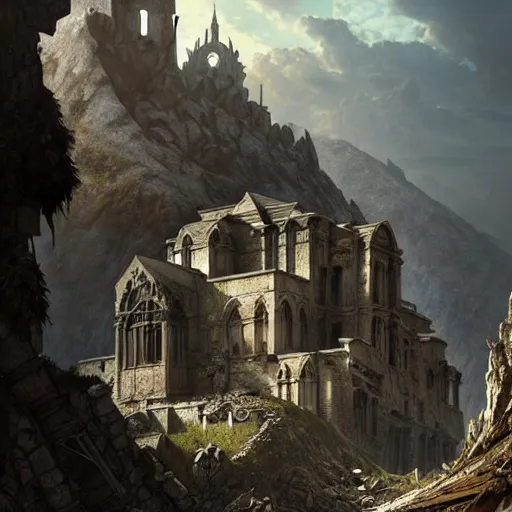 Image similar to concept art of a ruined post - apocalyptic monastery at the top of a mountain, ultra realistic, concept art, intricate details, eerie, highly detailed, photorealistic, octane render, 8 k, unreal engine. art by artgerm and greg rutkowski and alphonse mucha