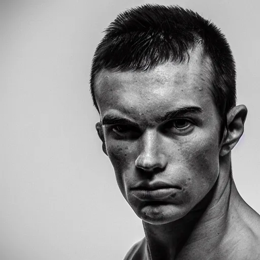 Image similar to portrait of an infant with a chiseled jawline, muscles, and smug expression, looking to the side, dramatic lighting, b&w, gigachad