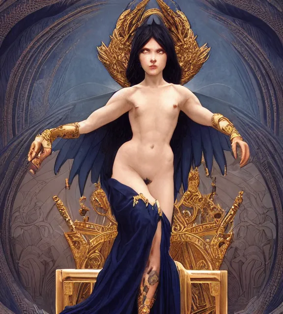 Image similar to god of death, young man, in the underworld, elegant dark blue dress, very detailed, throne, very intricate details, jewelry, gold line tattoos, elaborate long black hairstyle, wings, cinematic, artstation, william bouguereau, alphonse mucha, greg rutkowski, rossdraws, octane render