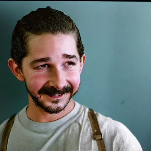 Image similar to Shia Labeouf as an animatronic, smiling eerily, sublighting, Eastman Color Negative II 100T 5247, ARRIFLEX 35 BL Camera