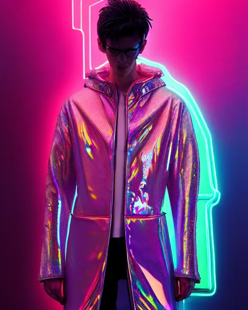 Image similar to detailed portrait of European Professional Fashion Male Model Sheen Holographic Jacket coat, Futuristic sci-fi fashion, royal attire Akira, Evangelion, cyberpunk, neotokyo, synthwave, aesthetics, futuristic, low-emission-neon, bladerunner movie scene by ismail inceoglu dragan bibin hans thoma greg rutkowski Alexandros Pyromallis Nekro Rene Margitte illustrated Perfect face, fine details, realistic shaded, fine-face, pretty face sharp chine