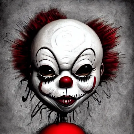 Prompt: surrealism grunge cartoon portrait sketch of voodoo doll with a wide smile and a red balloon by - michael karcz, loony toons style, pennywise style, horror theme, detailed, elegant, intricate