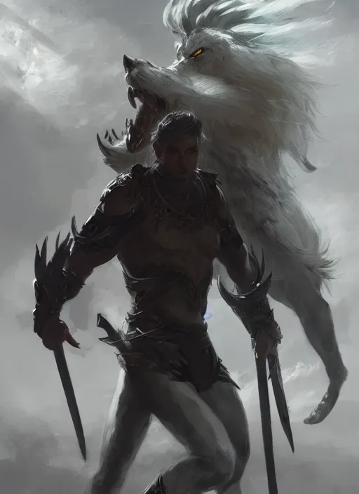 Prompt: Half-body portrait of a tall white haired man who is wielding lightning, wolf god. In style of Hyung-tae Kim and Greg Rutkowski, concept art, trending on ArtStation, Korean MMORPG, over-detailed art, 8K, epic, dynamic lightning, dramatic pose.