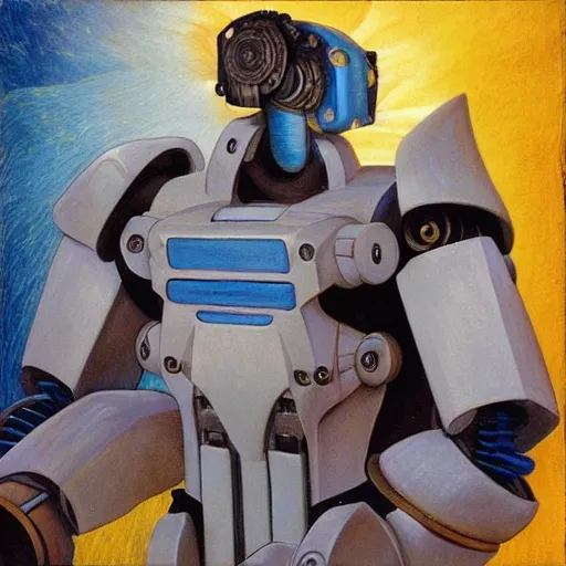 Image similar to “pre-Raphaelite painting of a voltron robot”