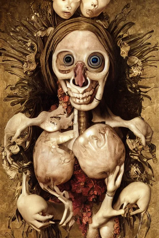 Image similar to Detailed maximalist portrait with large lips and with large wide eyes, surprised expression, surreal extra flesh and bones, HD mixed media, 3D collage, highly detailed and intricate, illustration in the golden ratio, in the style of Caravaggio, dark art, baroque