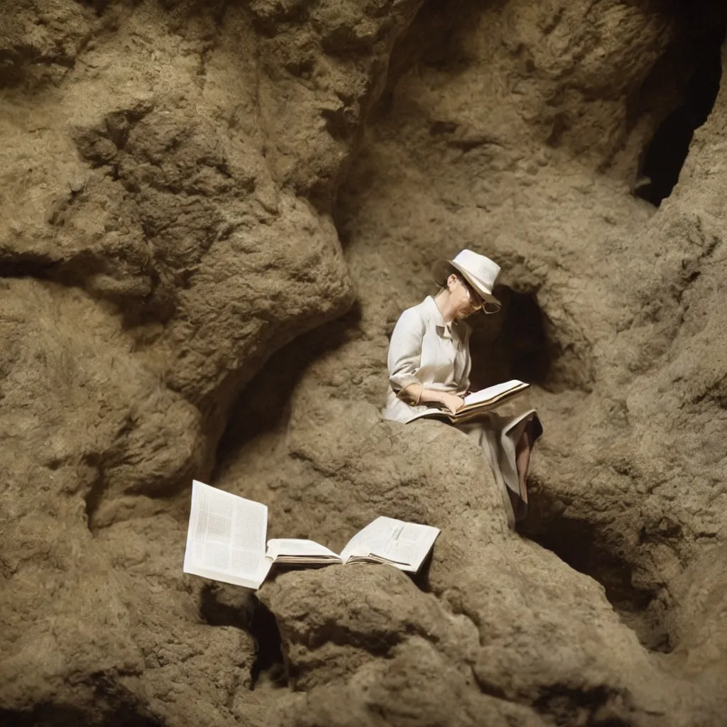 Prompt: An office lady reads a book in a zoo cave, Annie Leibovitz, close-up