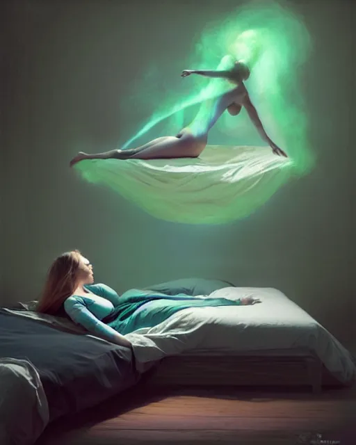 Image similar to a woman floating abover her bed at night, astral projection, green smoke! surreal concept art, lifelike, photorealistic, digital painting, aesthetic, smooth, sharp focus, artstation hd, artgerm and by greg rutkowski, bruce pennington, valentina remenar, rhads, asher duran,