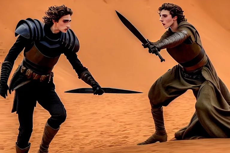 Prompt: a dagger-fight between bald_ominous_brooding_Austin_Butler_as_Feyd-Rautha_Harkonnen holding a dagger to Timothee_Chalamet_as_Paul_Atreides, in an arena fight-pit in movie Dune-2021, golden ratio, clear gaze, detailed eyes, detailed faces