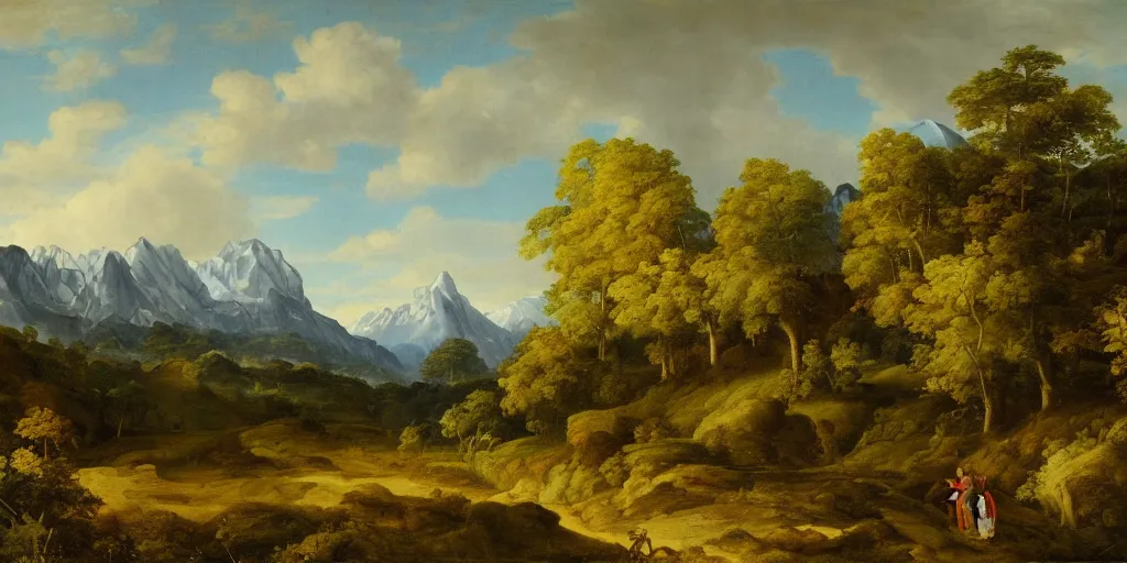 Image similar to a dramatic landscape painting of a mountain with a path leading into fields and forest, by joachim patinir, oil on canvas, highly detailed, hd, 4 k