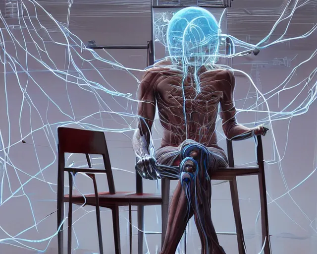 Image similar to a hyperrealistic painting of a human cyborg sitting in a chair with limbs stretched out, tied with electrical cables connected to supercomputers, flood of images flowing from his head, tesseract, vitruvian man, by greg rutkowski, artgerm, and beeple, trending on artstation, concept art, insane details, zoomed out