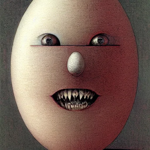 Prompt: egg humpty dumpty front view by by luis royo and wayne barlowe, beksinski