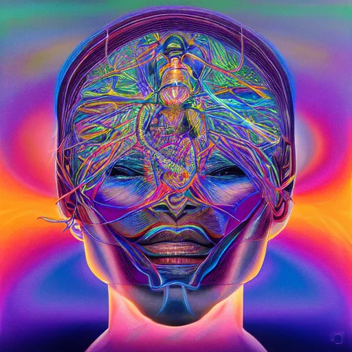 Image similar to human trancending into collaborative intelligence in the style of alex grey, album cover, award winning, beautiful, colorful, volumetric lighting, trending on artstation