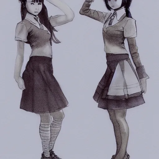 Image similar to a perfect, realistic professional digital sketch of two Japanese schoolgirls posing, in style of Marvel, full length, by pen and watercolor, by a professional American senior artist on ArtStation, a high-quality hollywood-style sketch, on high-quality paper