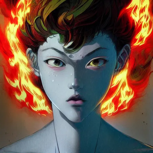 Image similar to prompt : flames portrait soft light painted by james jean and katsuhiro otomo and erik jones, inspired by evangeleon anime, smooth face feature, intricate oil painting, high detail illustration, sharp high detail, manga and anime 1 9 9 9