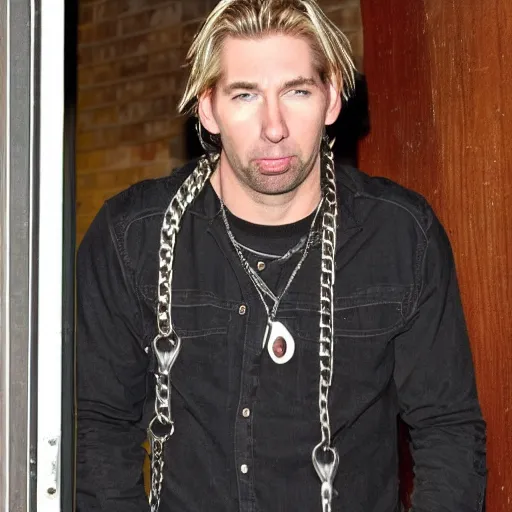 Image similar to chad robert kroeger of nickelback tied up with chains to the front door of an applebee's