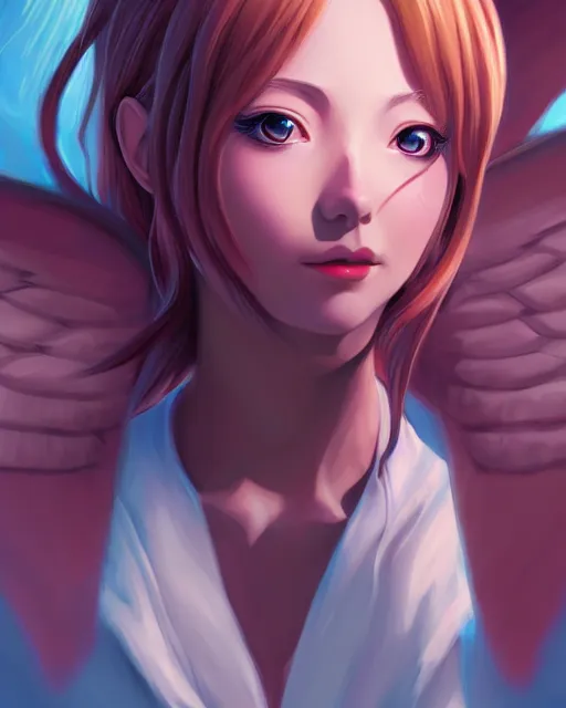 Prompt: 3 / 4 longshot of portrait of anime girl with wings, digital painting, artstation, concept art, smooth, sharp focus, illustration, disney, symmetry face, fine details. art by alex ross, brittney lee