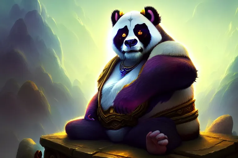 Image similar to [ important ] amazing portrait of a pandaren meditating [ / important ], hearthstone splash art, deiv calviz, splash art, natural light, elegant, intricate, fantasy, atmospheric lighting, by greg rutkowski, hearthstone splash art, hd wallpaper, ultra high details, cinematic composition