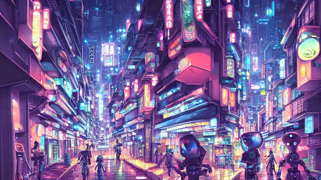 Prompt: street view of futuristic robot tokyo city at night by cyril rolando and naomi okubo and dan mumford and ricardo bofill. robots. robots walking the streets. advertisements for robots. robot shiba inu being walked by robots. robot city. neon advertisements.