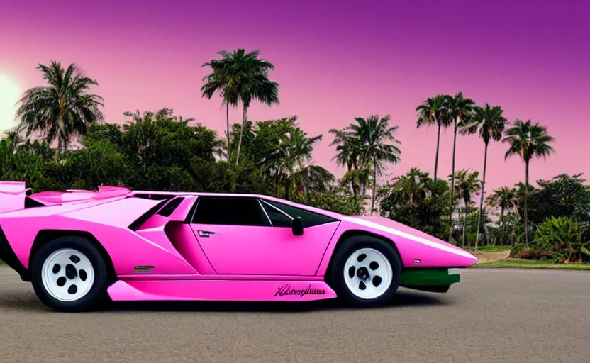 Prompt: lamborghini countach with doors open. palm trees and pink sky in the background. art by krzysztof tanajewski