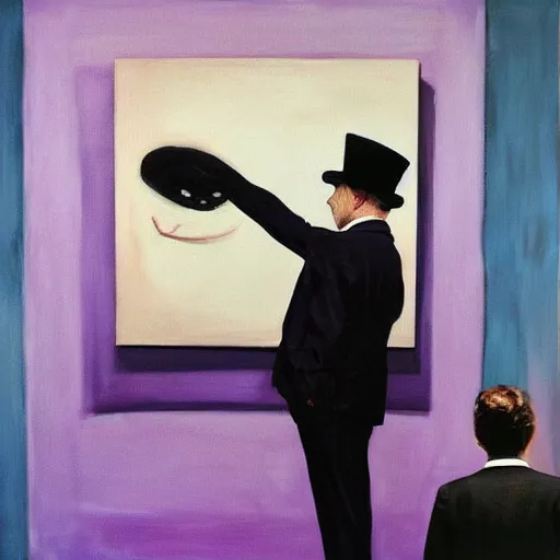 Image similar to in an art gallery, there is a huge painting of an elephant by marlene dumas. a man in a top hat and a suit is looking up at the painting. cgsociety, surrealism, surrealist, dystopian art, purple color scheme