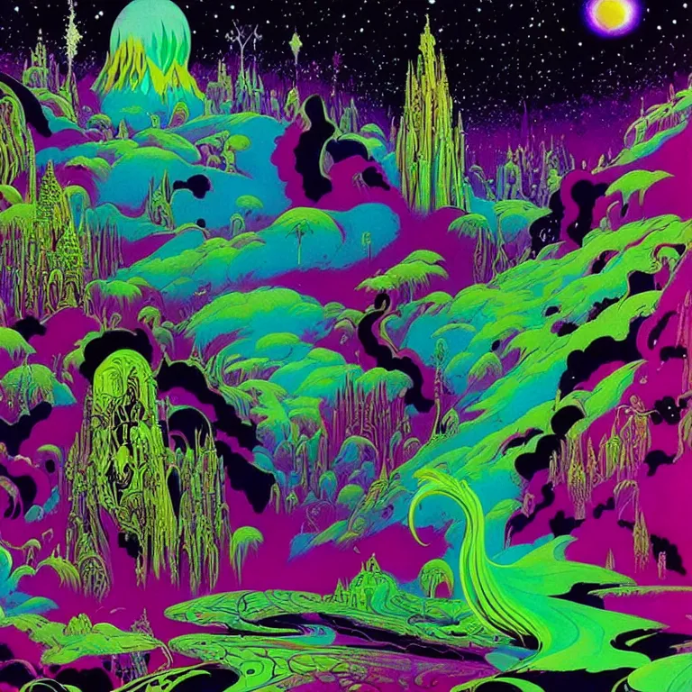 Image similar to hallucinogenic ghost galaxy, bright neon colors, highly detailed, cinematic, eyvind earle, tim white, philippe druillet, roger dean, lisa frank, aubrey beardsley