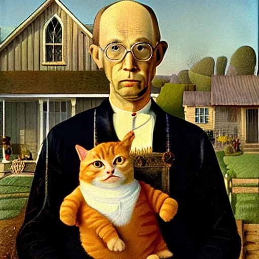 Image similar to fat orange tabby cat, man with afro in american gothic by grant wood