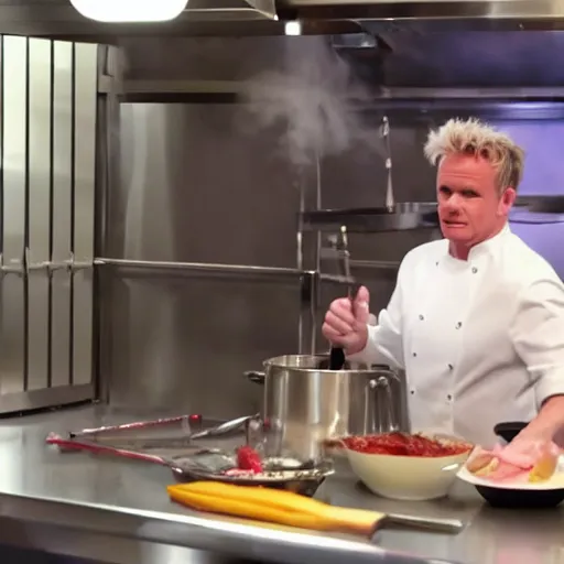 Image similar to hyper real Gordon Ramsey cooking a unicorn in kitchen 4k