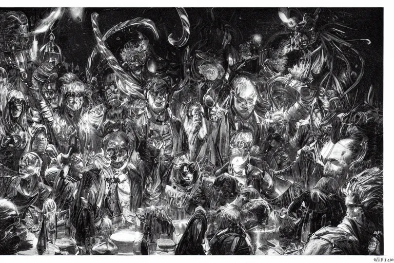 Prompt: an intricate and dramatic sketch of a small group of men and women who are the shadow rulers of the world, having a party, hyperdetailed, 80mm lens, by Greg Rutkowski and guweiz, white ink sketch on black paper