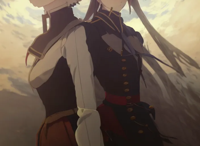 Image similar to portrait of lady maria, helm of second world war warship in background, illustration concept art anime key visual trending pixiv fanbox by wlop and greg rutkowski and makoto shinkai and studio ghibli and kyoto animation, symmetrical facial features, astral witch clothes, ww 2, golden details, gapmoe yandere grimdark, volumetric lighting, backlit