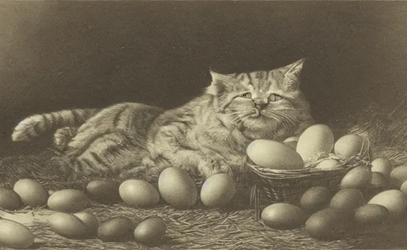 Prompt: huge cat guarding it's eggs from the business men. strange, photograph, photorealistic, 1850s