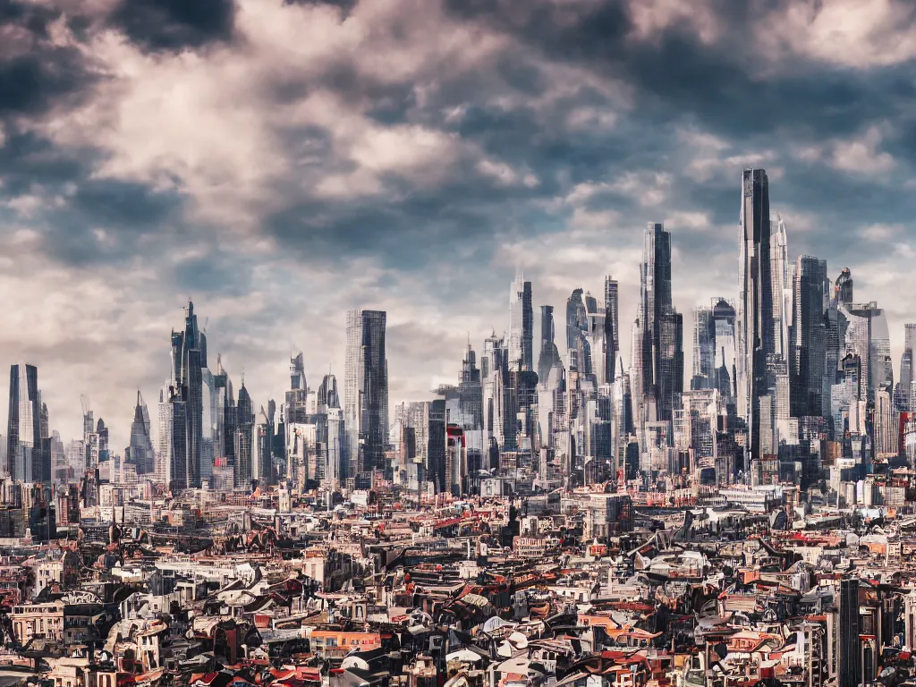 Prompt: the skyline of a futuristic city with victorian architectural influences, white with red accents, 4 k photograph