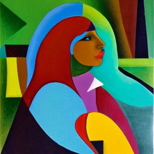 Image similar to woman stops by the river and weaves the stories for her community, abstract art in the style of cubism and Georgia o keefe,