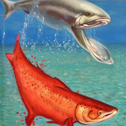 Image similar to salmon jumping out of the water on a sunny day in surrealism style