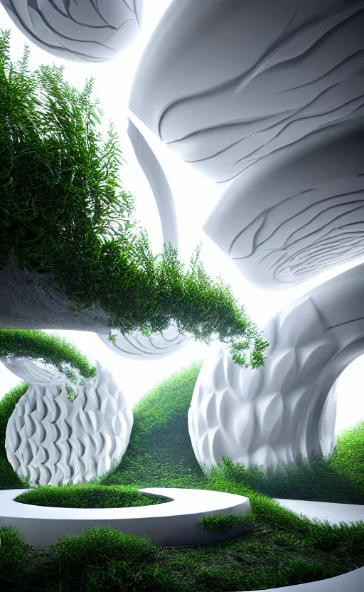 Image similar to highly detailed ultra sharp 3 d render cinematic composition of a smooth ceramic porcelain magnolia stone nebula fluid fractal sci - fi surreal architecture landscape, white marble, magnesium, foliage, vincent callebaut composition, mamou - mani, archviz, beautiful lighting, 8 k, unreal engine, hdr,