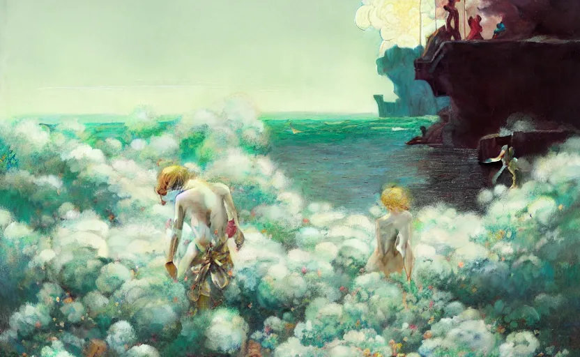 Image similar to explosion made of cotton on a beach, sea, fantasy, intricate, amazing composition, realistic, by ruan jia, by maxfield parrish, by marc simonetti, by hikari shimoda, by robert hubert, by zhang kechun, illustration, gloomy