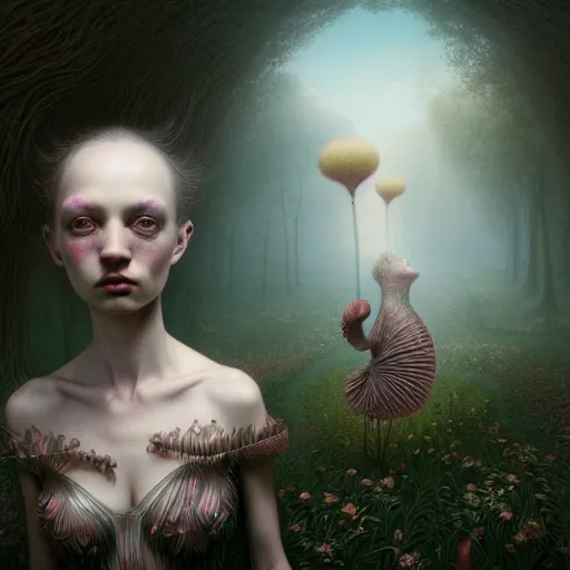 Image similar to beautiful digital fantasy illustration of wandering, but not lost by mark ryden and and iris van herpen, octane render, detail texture, unreal engine, 8 k, ultra hyper realistic quality