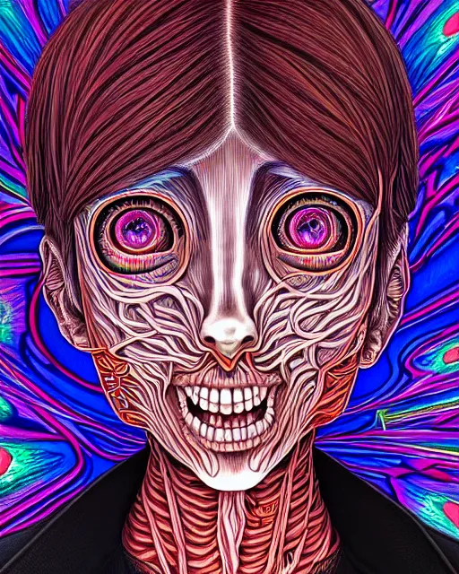 Image similar to human spirit breaking away, conjuring psychedelic background, part by shintaro kago, part by alex gray, ross tran, james jean, ultra realistic, highly detailed, 8 k, trending on artstation, symmetry