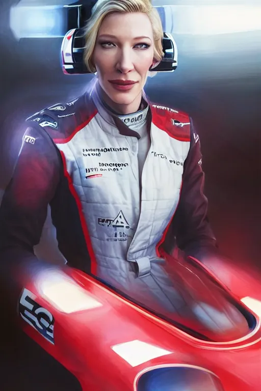 Image similar to portrait of cate blanchett dressed as a formula one racer, wearing formula one racer uniform, at formula one racing car repair room, ssci-fi, fantasy, intricate, very very beautiful, elegant, human anatomy, neon light, highly detailed, digital painting, artstation, concept art, soft light, smooth, sharp focus, illustration, art by tian zi and WLOP and alphonse mucha